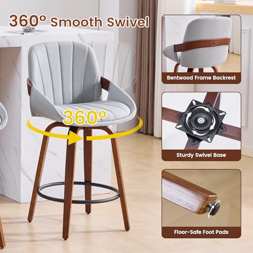Butacos giratorios de bar de 26 pulgadas, juego de 6, color gris, asiento tapizado en tela de lino, patas de madera de nogal, estilo moderno para isla de cocina o barra miniatura 4