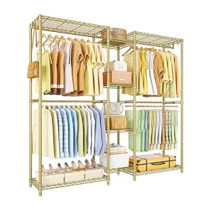 Ulif E4 Clothes Rack, Heavy-Duty Garment Rack, Metal Freestanding Clothing Organization Storage System Can Be L-Shaped with Shelves and Hangers, Max Load 962lbs, 71.6″ W x 14.5″ D x 79.3″ H, Gold