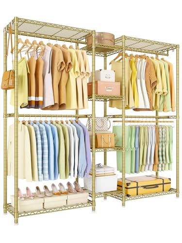 Ulif E4 Clothes Rack, Heavy-Duty Garment Rack, Metal Freestanding Clothing Organization Storage System Can Be L-Shaped with Shelves and Hangers, Max Load 962lbs, 71.6" W x 14.5" D x 79.3" H, Gold
