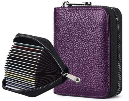 RFID Blocking, Leather Credit Card Holder Zipper Wallet With 20 Card Slots, Small Card Case for Women or Men Accordion Wallet with Zipper (Purple)