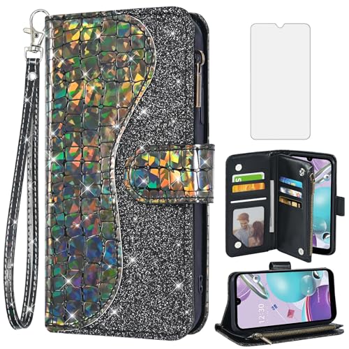 Phone Case for LG Aristo 5/K31/Fortune 3/Phoenix 5/K8x/Tribute Monarch/Risio 4 Wallet Cover With Screen Protector Bling Glitter Flip Zipper LGK31 Rebel K 31 31K Aristo5 Plus Astro 5+ Risio4 2020 Black
