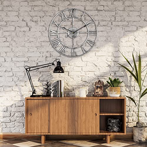 1St Owned Large Modern Metal Wall Clocks Rustic Round Silent Non Ticking Battery Operated 40Cm/47Cm/60Cm Antique Silver Farmhouse Roman Numerals Clock For Living Room/Bedroom/Kitchen Wall Decor #TOP3