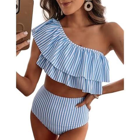 VIMPUNEC Ruffle One Shoulder Swimsuits for Women Striped High Waisted Two Piece Bathing Suits Blue Stripes Cover