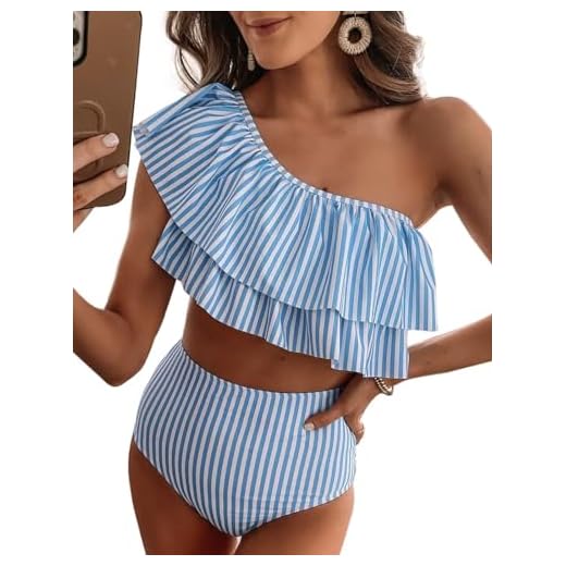 VIMPUNEC Ruffle One Shoulder Swimsuits for Women Striped High Waisted Two Piece Bathing Suits Blue Stripes