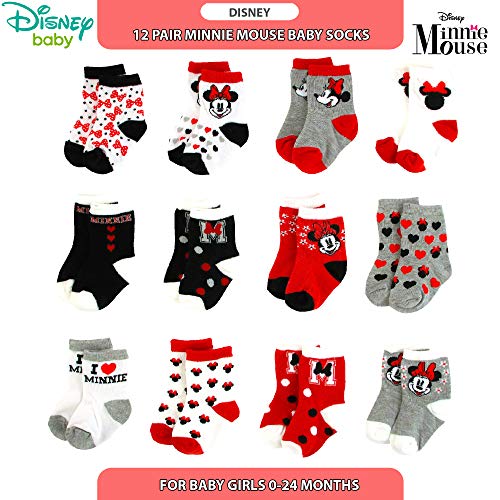 Disney Baby Girl Socks - 12 Pack Minnie Mouse, Daisy Duck, Princess Socks for Infants - Newborn Essentials for Girls (0-24M), Size 12-24 Months, Minnie Mouse Black/Red - Thumbnail 3