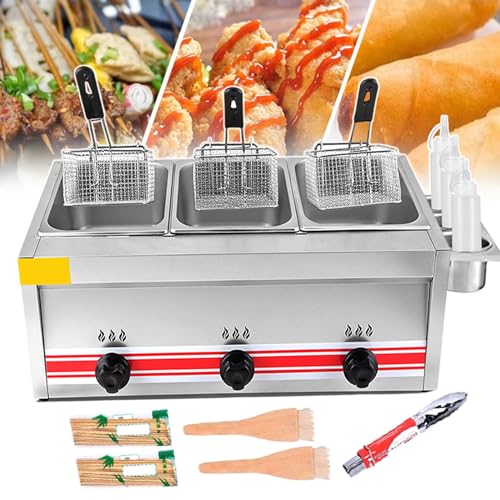 Kommerzielle Gas-Fritteuse, mit 3 Tanks und herausnehmbarem Innentopf, Lebensmittelqualität, Edelstahl, Fettfritteuse mit Gewürzregal und Soßenflaschen