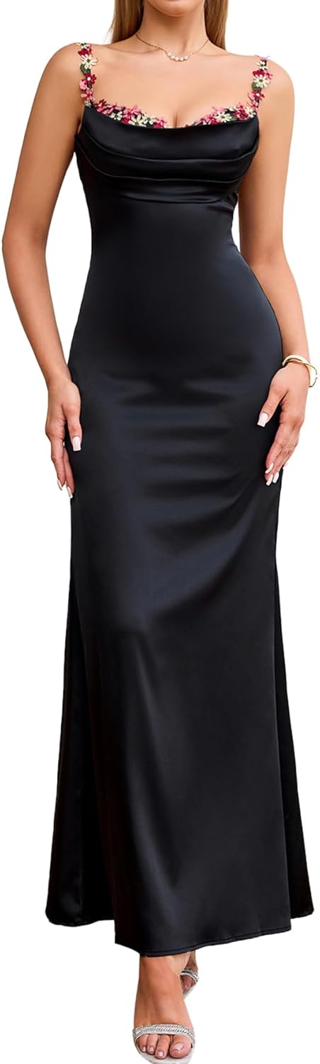 Satin Maxi Dress Floral Spaghetti Strap Backless Sleeveless Formal Prom Party Slik Wedding Guest Dresses for Women