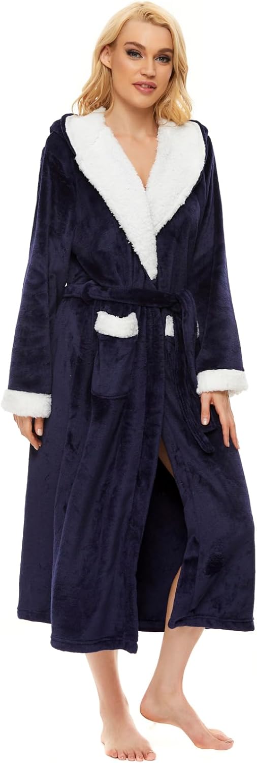 iniber Plush Robes for Women, Womens Robe Long, Fuzzy Fluffy Soft Warm Fleece Hooded Bathrobe - Image 2