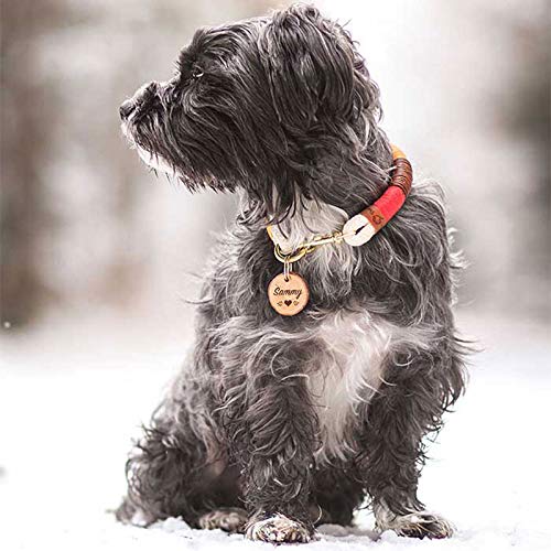Natürliche Hundemarke aus Holz mit Gravur personalisiert | Echtes Rosenholz mit Rinde, geräuschlos am Halsband | Rückseite mit Telefonnummer, Adresse, Datum - Geschenk für Hundehalter