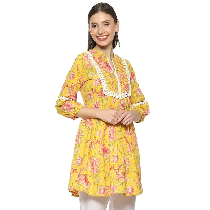 Image of BIBA Women Cotton Straight Fit A Line Printed Kurti