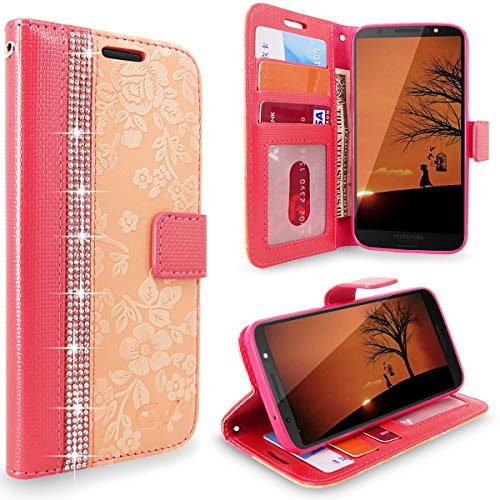 Cellularvilla Moto G6 Case, Moto G (6th Gen) Case, [Diamond] [Card Slot] Embossed Flower Design PU Leather Flip Wallet Wristlet [Stand Feature] Cover for Motorola Moto G6 5.7 Inch (Peach Pink Bling)
