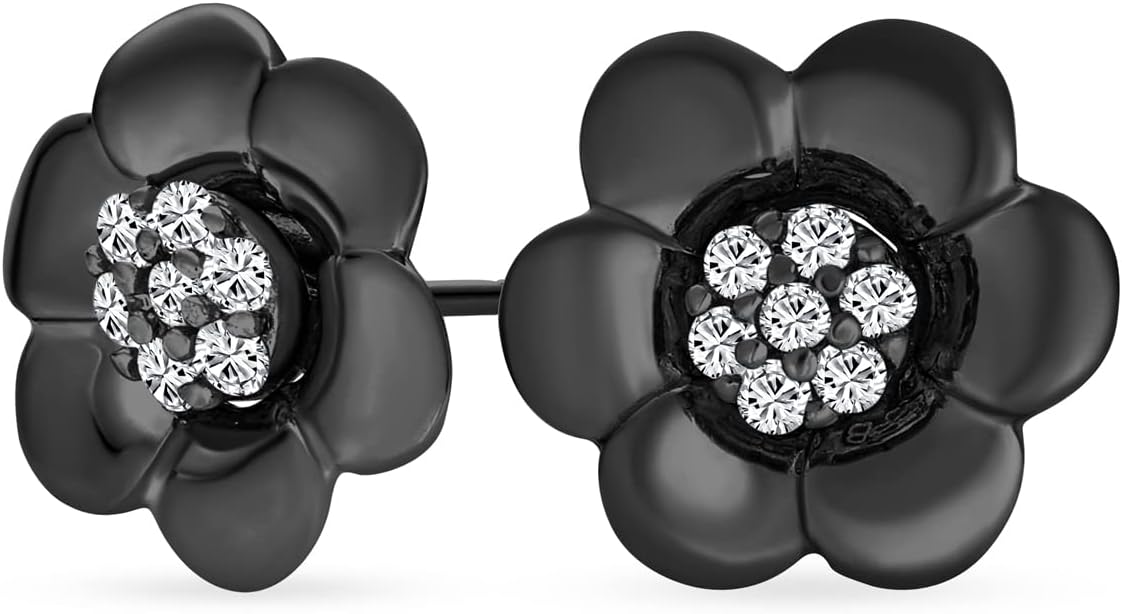 2 In 1 Removable Jackets Simple Danity Pave CZ Stud Center with Petal Flower Jacket Rose Stud Earrings For Women Teen Rose Gold Plated Black .925 Sterling Silver