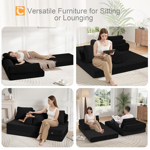 Image of COMAX Convertible Sofa Bed, Folding Floor Couch Corduroy Fold Out Couch Bed Futon Sleeper Mattress with Pillows, Boneless Sofa Comfy Lounge Loveseat for Living Room Bedroom, Plush Black