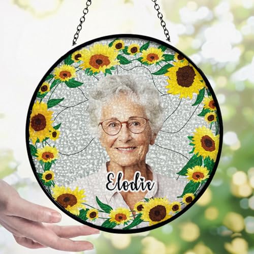 Atrapasol de Girasol Personalizado con vitral, Colgante con Foto Personalizado para Ventana, Regalo conmemorativo para mamá, Abuela, papá y Abuelo