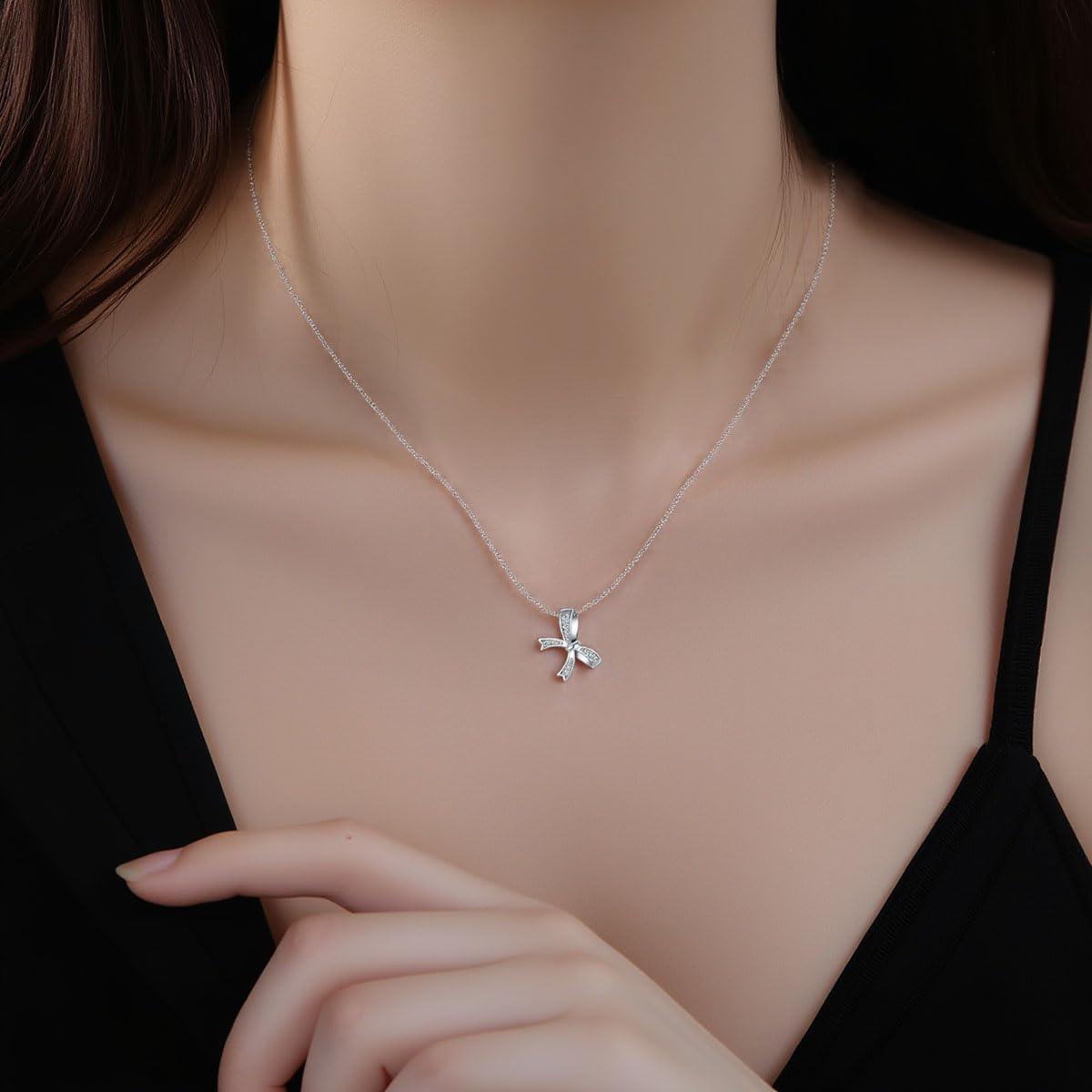 Reffeer Solid 925 Sterling Silver CZ Bow Necklace Chain for Women Teen Girls Crystal Bow Pendant Necklace - Image 2