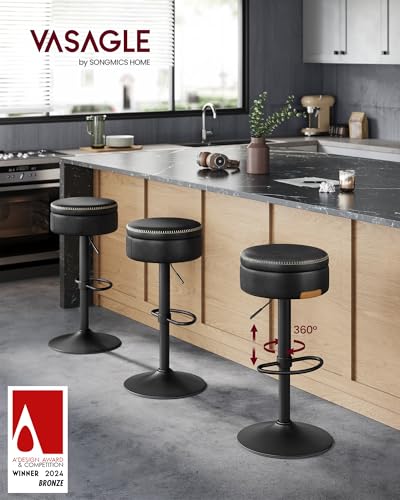 Image of VASAGLE EKHO Collection - 360 Swivel Bar Stools Set of 3, Height Adjustable Barstools with Storage, Synthetic Leather with Stitching, Mid-Century Modern, Kitchen Bar, Easy Assembly, Ink Black