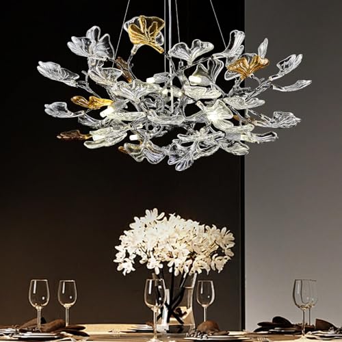 Image of AioTio Black Modern Chandeliers for Dining Room, D31.5''Tree Branch Round Glass Ginkgo Leaf Farmhouse Chandelier,Large Ceiling Hanging Vintage Chandelier for Living Room,Entryway,Kitchen Island,Foyer