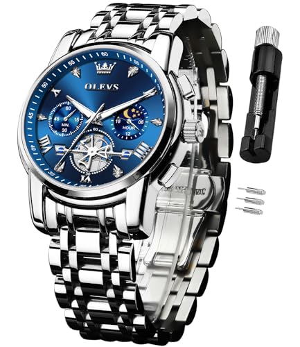 Image of OLEVS Watch for Men Stainless Steel Chronograph Big Face Easy to Read Analog Quartz Watches Luxury Waterproof Date Diamond Roman Arabic Numerals Dial Dress Wrist Watches, 2856:Silver Blue, Classic