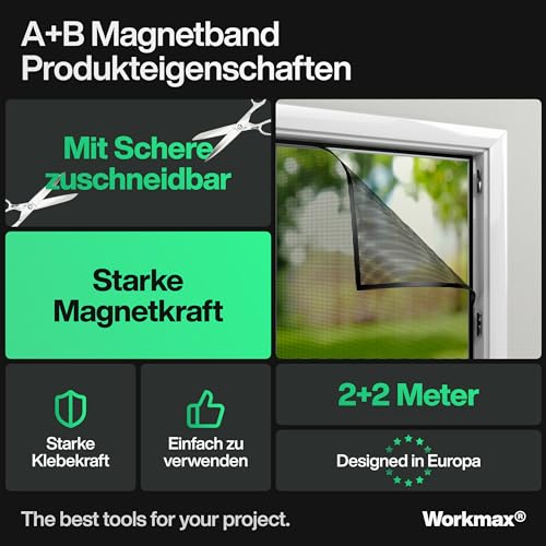 WORKMAX® A+B Magnetband für Fliegengitter & Moskitonetze - Selbstklebende Magnetstreifen mit starker gegenseitiger Anziehung - Magnetklebeband mit Gegenstück & starkem Kleber (2+2 m)