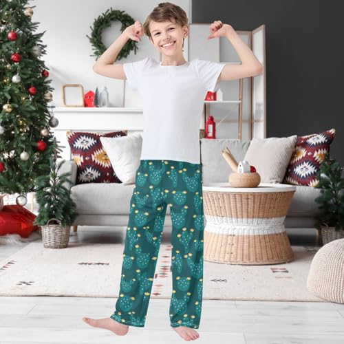 Boy's Pj Pants Dark Green Cactus Yellow Flower Lounge Bottoms Elastic Waist Kids Joggers with Pockets Size 6-142