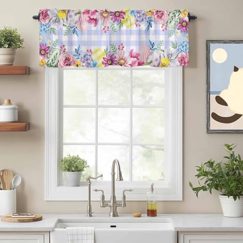 カフェカーテン 小窓用 152×36cm 花 バラ チューリップ 春 紫のチェック カーテン UVカット 防寒 保温 おしゃれ 省エネ 洗える 間仕切り 目隠し 書斎 喫茶店 洗面所 店舗飾り