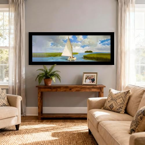 Image of PAINTINGMANTRA Swamp Area with Sailboat Landscape Wall Art Framed Luxury Paintings for Home Decoration, Living room, Bedroom and Office Decoration (99x38 CM)