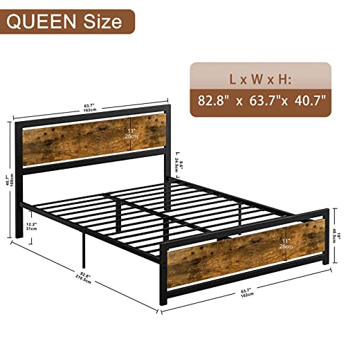 Pliwier Queen Bed Frame With Wooden Headboard And Footboard, Industrial Metal Bed Frame With Heavy Duty Steel Slat Supports Foundation, No Box Spring Needed, Non-Slip, Noise Free(Vintage Brown) #TOP1