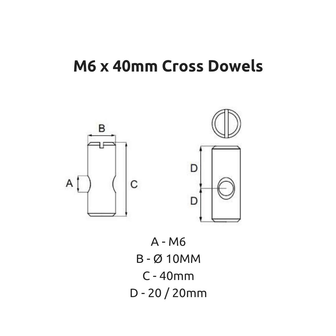 M6 x 40 mm Kreuzdübel Zylindermuttern für Kinderbetten oder Möbelmontage.