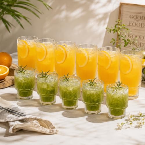 Image of bellemax Ribbed Glasses - 6 Pcs 330 ML & 6 Pcs 190 ML Water and Juice Glasses, Premium Ribbed Drinking Tumblers, Glassware Set for Home, Kitchen, Dining & Parties Set of 12