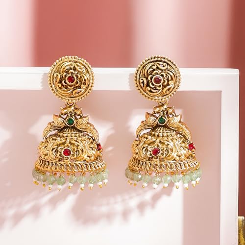 Image of Rubans Gold-Plated Jhumka Earrings for Women & Girls | Jhumki Traditional Wedding Fashion Ethnic Designer Jewellery Statement Gift