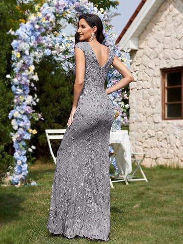 Image of Womens Sequined Long Evening Gown Glamous Sleeveless V-Neck Mermaid Prom Dress for Wedding Party Club Occasions