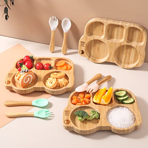 Suction Plates For Baby & Toddler, Bamboo Divided Platter Feeding Dishes With Silicone Fork& Spoon, All-Natural Baby Food Plate Stays For Baby-Led Weaning, Non-Slip Design #TOP2
