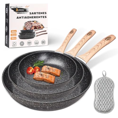 La Mejor Lista de Sarten de teflon más recomendados. 43 SYNMORE 3 Piezas de Sartenes Antiadherentes de 20/24/28cm, Sartenes de Aluminio sin PFOA, Multifuncionales para Freír Huevos, Tortitas, Duraderas Aptas para Todos las Estufas