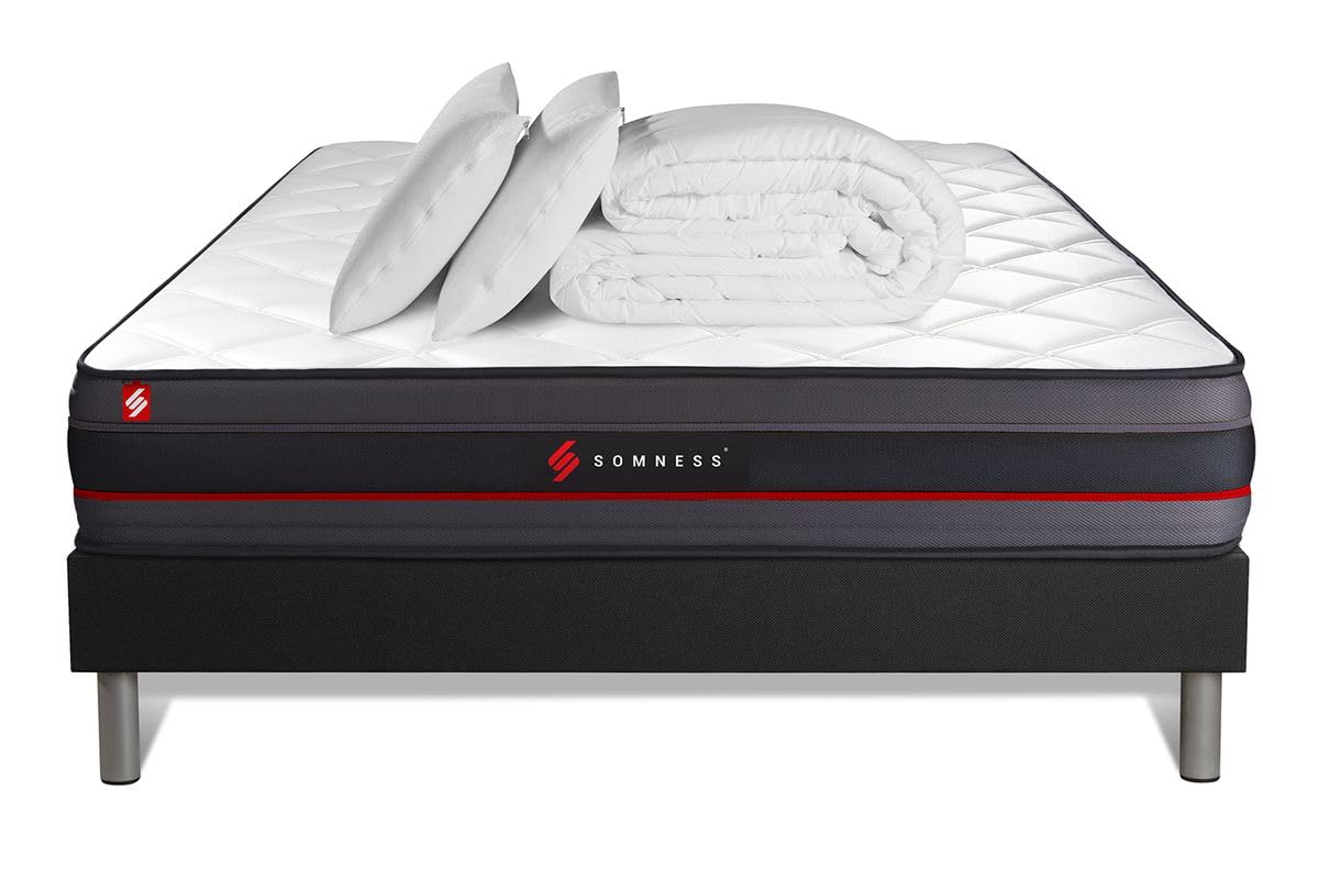 Pack prêt à Dormir 180x200 Matelas Regen à mémoire de Forme + sommier kit Noir + Couette 260x240cm + 2 oreillers 60x40cm | Epaisseur : 24 cm | Confort : Ferme
