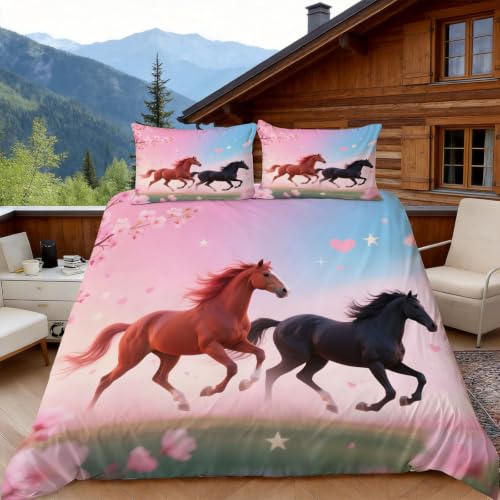 Housse de couette 140x200 cheval 1 personne parure de lit microfibre avec 2 taies d'oreiller 65x65
