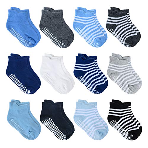Image of Tenpluszero 12 Pairs Anti Slip Baby Ankle Socks with Non Skid Grips for Toddler Kids Boys Girls (12 Pairs - Boys/Solid+Strip, 6-12 Months)