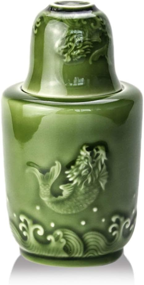 Sake Set of 2 Pieces Chinese Style Fish Jumping Dragon Porcelain gate Crafts/Wine Jug/Wine Jar Wine Glass Set for Warm/Cold Sake Service (Color : Green) (Blue) (Green)