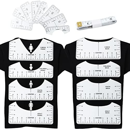 9Pcs Tshirt-Ruler Guide for Vinyl Alignment, Tshirt-Ruler for Heat Press, Tshirt-Rulers to Center Vinyl, Transparent V-Neck/Round PVC Ruler for Children Youth Adult, Front and Back Measurement (10in)