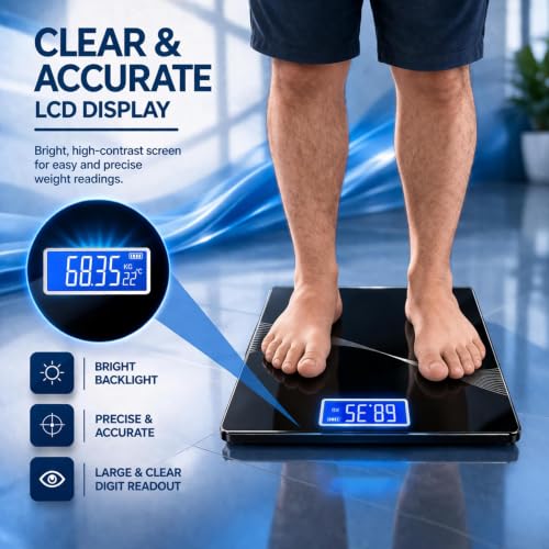 Image of Digital Body Weight Scale with LCD Display, Tempered Glass Platform, Floral Pattern, Accurate Bathroom Weighing Machine, Black (Flora Wave)