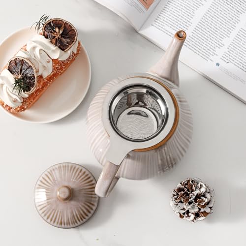 Image of HVH 40 oz Porcelain Teapot with Stainless Steel Infuser, Ceramic Tea pot with Infuser for Loose Tea, Enough For 6 Cups, Striped Series (Sand Color)
