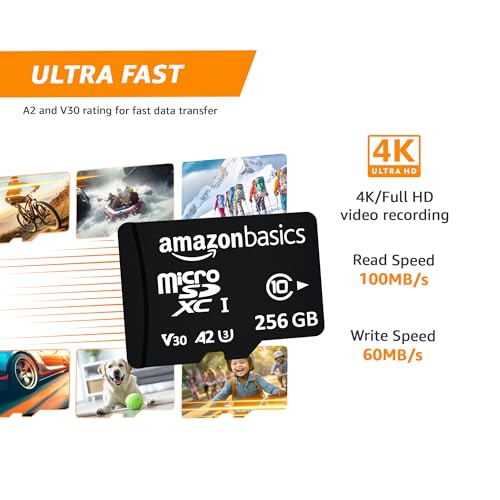 Image of Amazon Basics 256 GB Micro SDXC Memory Card | 180 MB /s Read | Memory Card for 4K Video on Smartphones, Action Cams and Drones