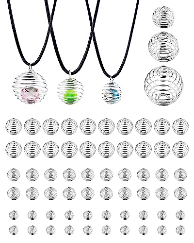 JIALEEY Spiral Bead Cages Pendants, 60 PCS 3 Sizes Silver Plated Stone Holder Necklace Cage Pendants Findings for Jewelry Making and Crafting
