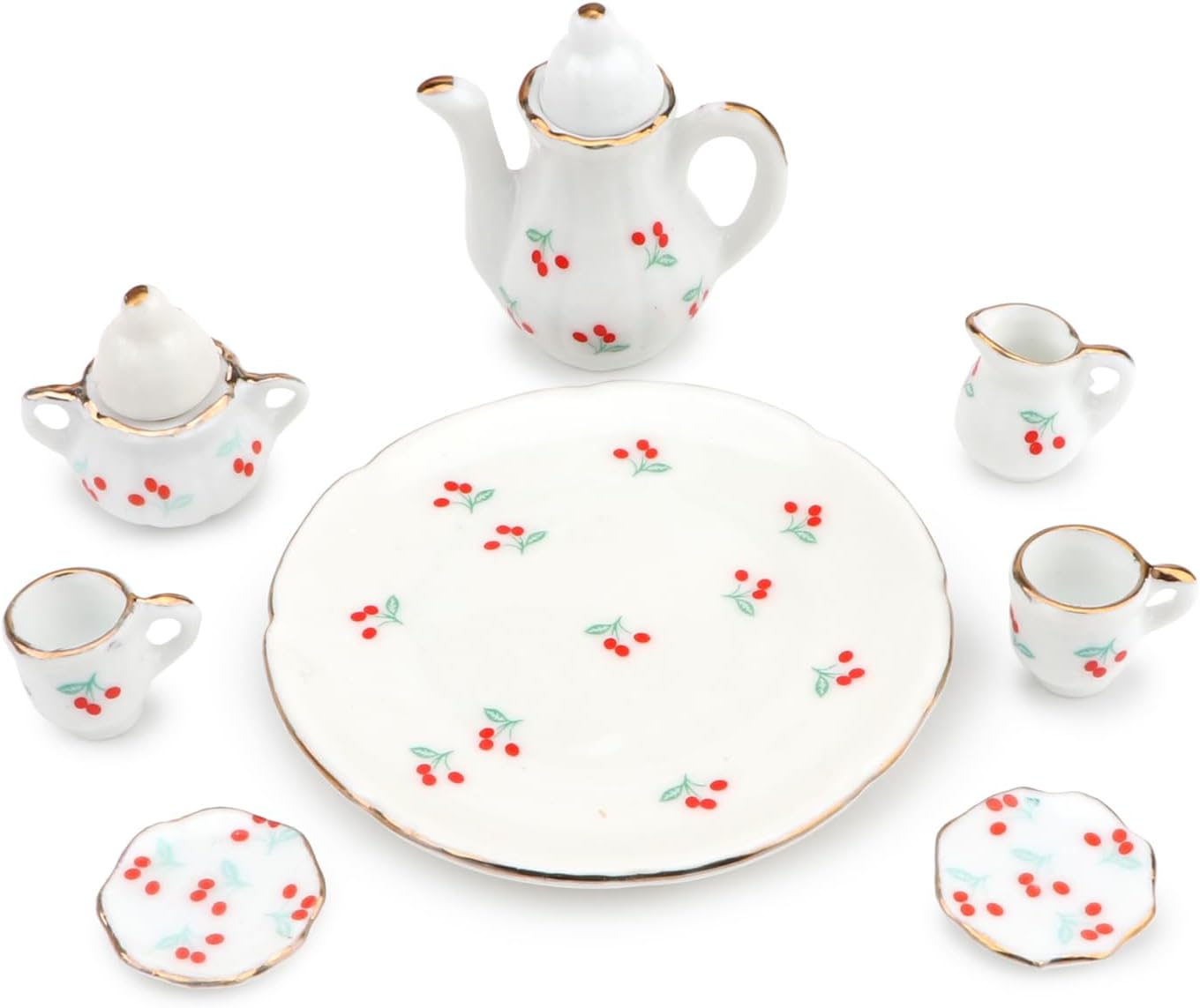 Miniature Tea Set 1/6 Scale Dollhouse Accessories Porcelain Cherry Pattern