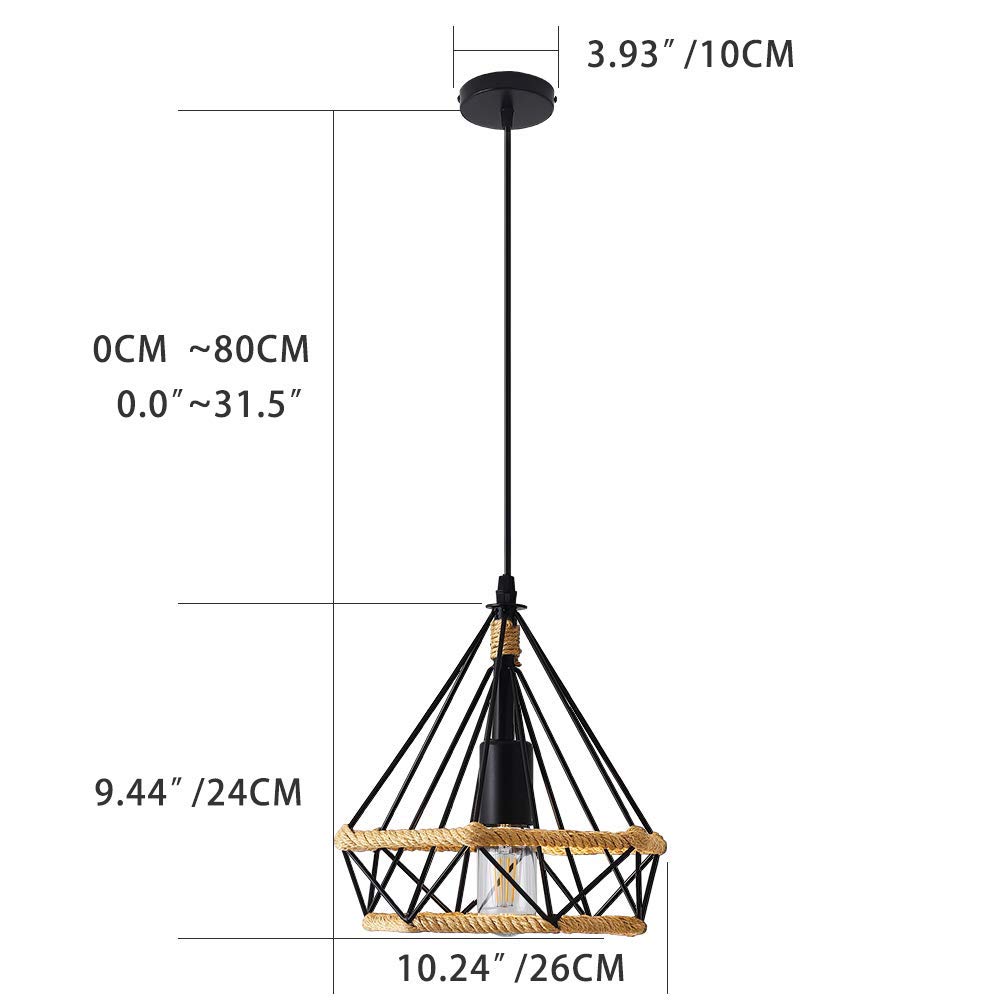 MAXDUYU Lámpara Colgante Vintage,cuerda de cáñamo Retro Lámpara de Techo Colgante industrial,Lámpara de suspensión de jaula de hierro en forma de diamante Luces de techo,25 cm