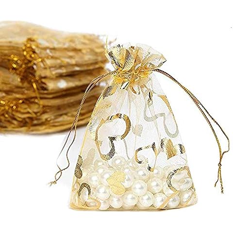 50pcs Bolsas Bolsitas Organza con Estampado de corazón Dorado Cover