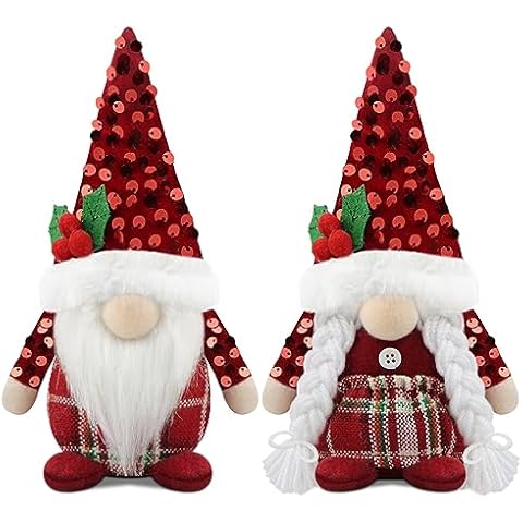Godeufe Set of 2 Christmas Gnomes Plush Xmas Winter Decorations Gift Handmade Elf Dwarf Figurines for Home Kitchen Farmhouse Tiered Tray Holiday Festival Party Scandinavian Tomte - Red Cover