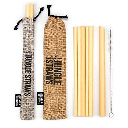 Jungle Culture® Bambus Strohhalme Wiederverwendbar • Umweltfreundliches 6er-Set • Strohhalm Set inkl. Reinigungsbürste & 2 Aufbewahrungsbeutel • Biologisch Abbaubare Bambus Trinkhalme • Bubble Tea Cover