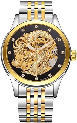 Mens Luxury Automatic Mechanical Dragon Skeleton Wrist Watches Gold Two-Tone Stainless Steel Analog Casual Watch