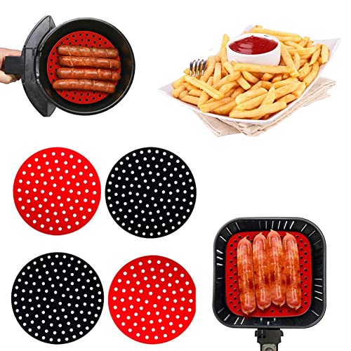 TINMAGI 4 PZAS Liners de Freidora de Aire Reutilizables,Alfombrilla Silicona Freidora Aire,Revestimientos Freidoras de Aire, 9 Pulgadas Bandeja Cuadrada de Silicona,Negro + Rojo Cover