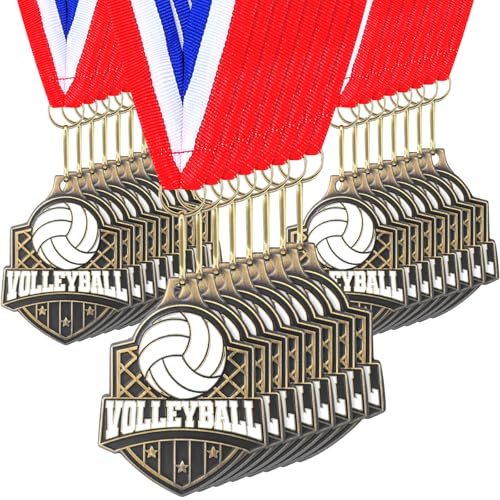Tondiamo 24/48 Pcs Award Medals Bulk Gold Medals Bulk with Neck Ribbons 2 Inch Metal Award Trophies for Sports Party Team Tournaments Match Participation Winner Prizes Gift(24 Pcs Volleyball Medal)